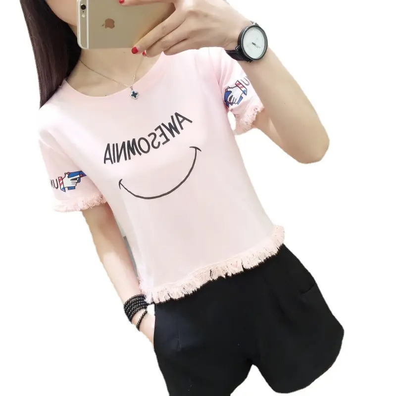 2025 Summer T-Shirt White Smiley Face Short Sleeve - Image 5