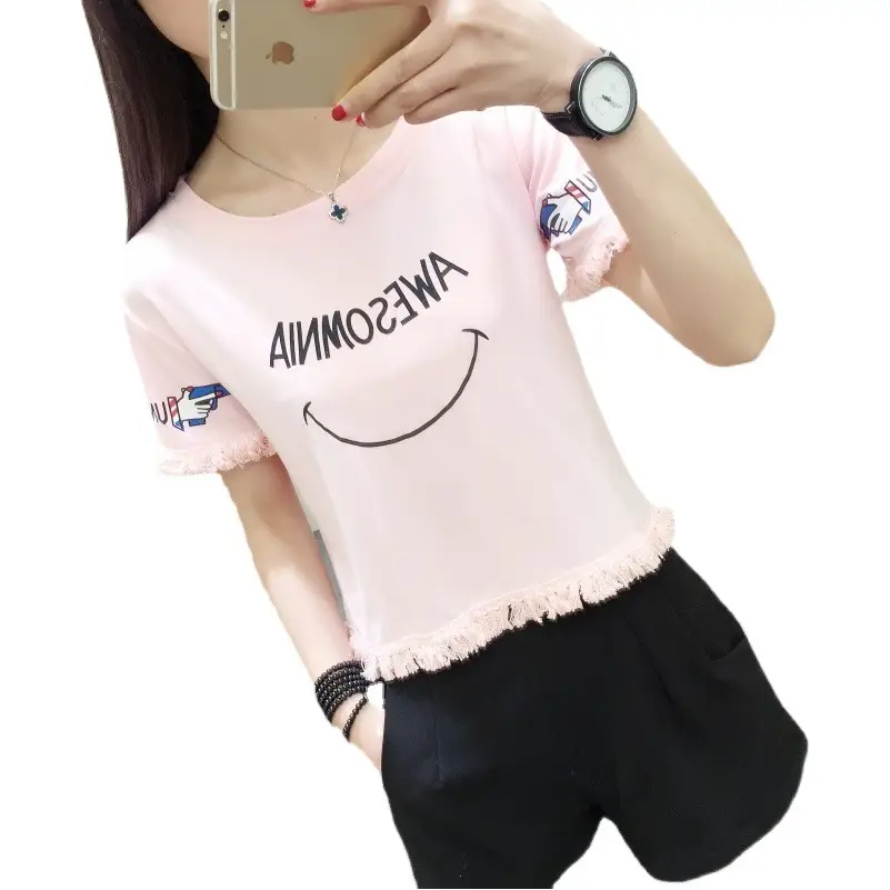 2025 Summer T-Shirt White Smiley Face Short Sleeve
