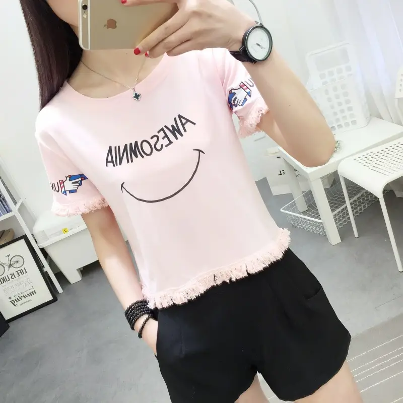 2025 Summer T-Shirt White Smiley Face Short Sleeve — feature 10