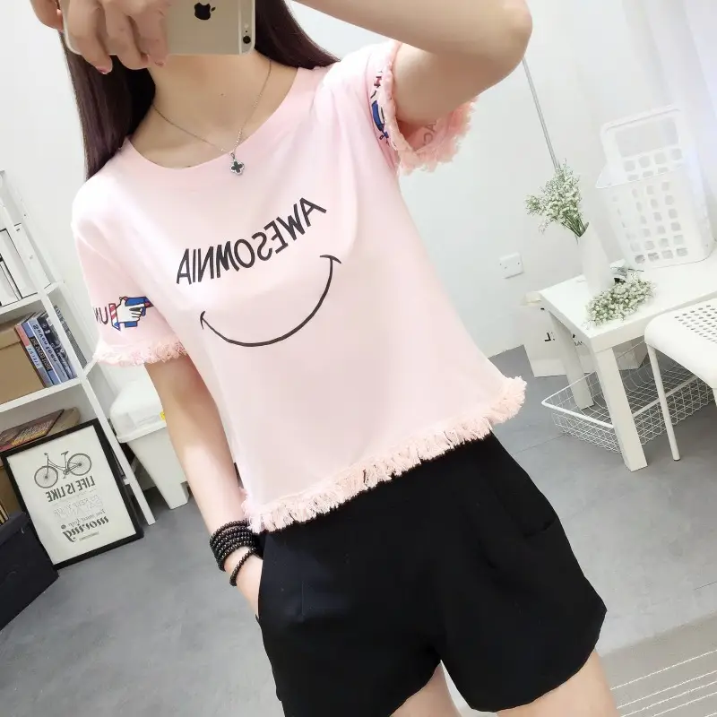2025 Summer T-Shirt White Smiley Face Short Sleeve — feature 12