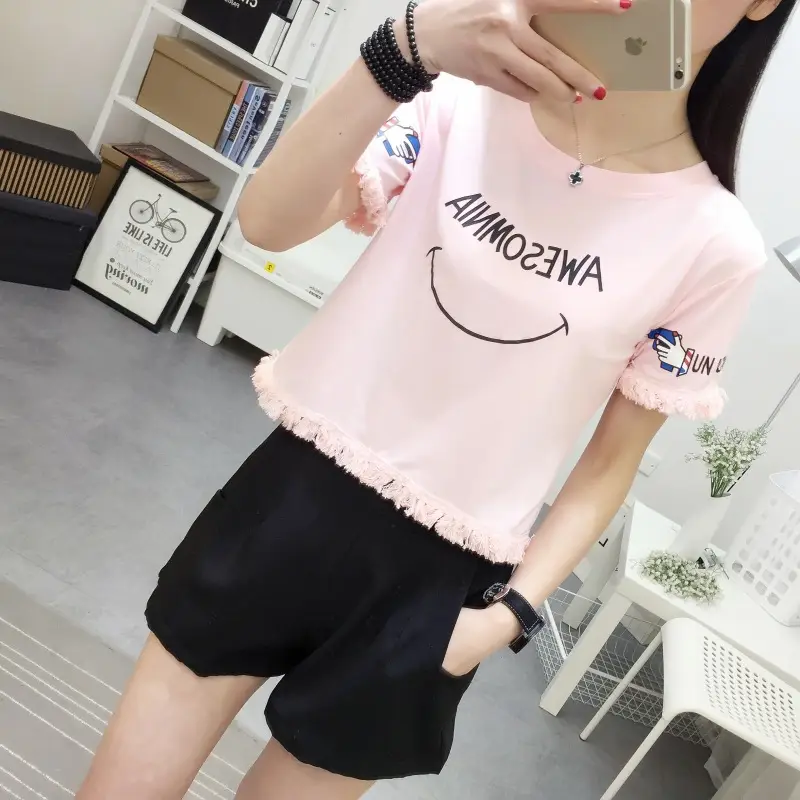 2025 Summer T-Shirt White Smiley Face Short Sleeve — feature 14