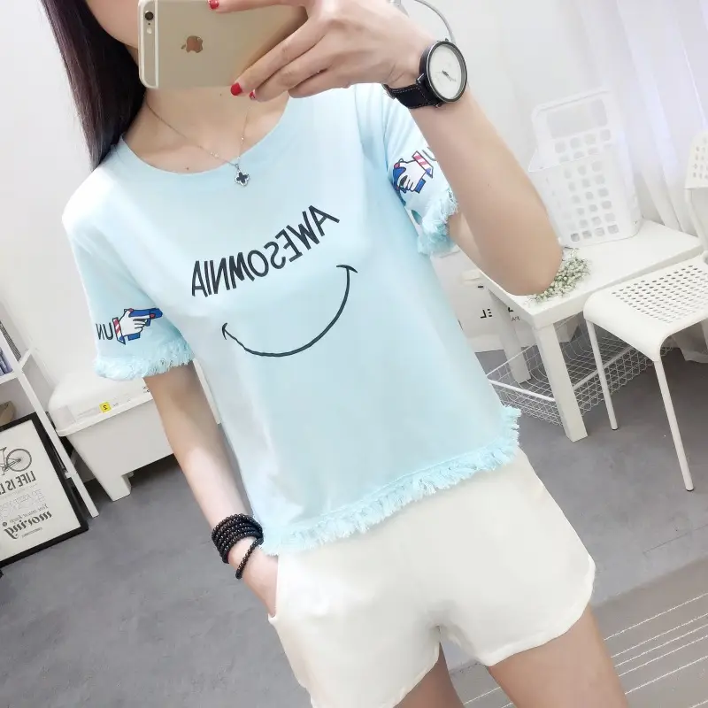 2025 Summer T-Shirt White Smiley Face Short Sleeve — feature 19