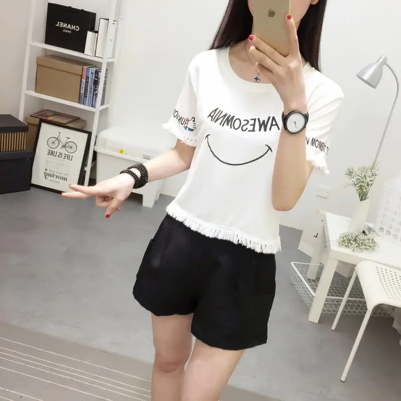 2025 Summer T-Shirt White Smiley Face Short Sleeve — feature 3