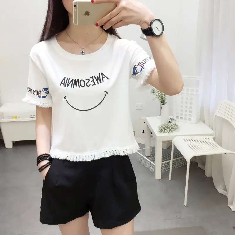 2025 Summer T-Shirt White Smiley Face Short Sleeve — feature 4