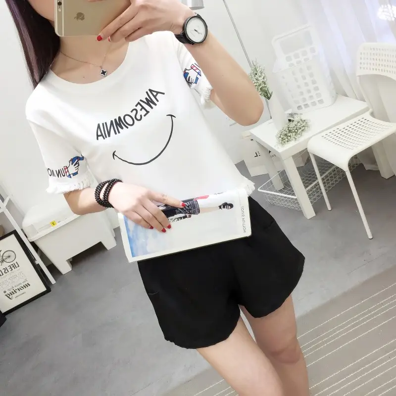 2025 Summer T-Shirt White Smiley Face Short Sleeve — feature 6