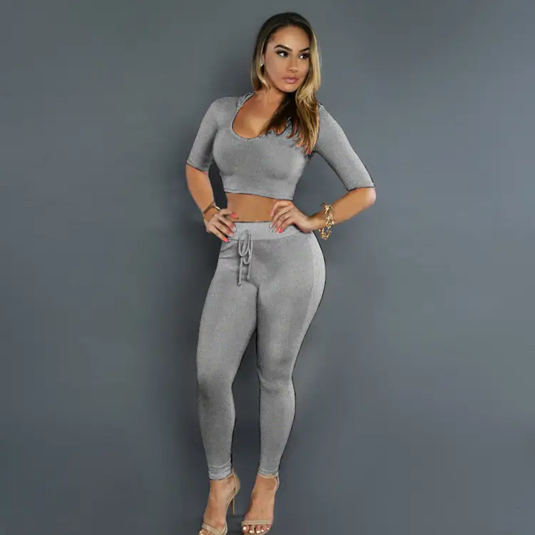 Grey Sports Two-Piece Leggings Set for Women