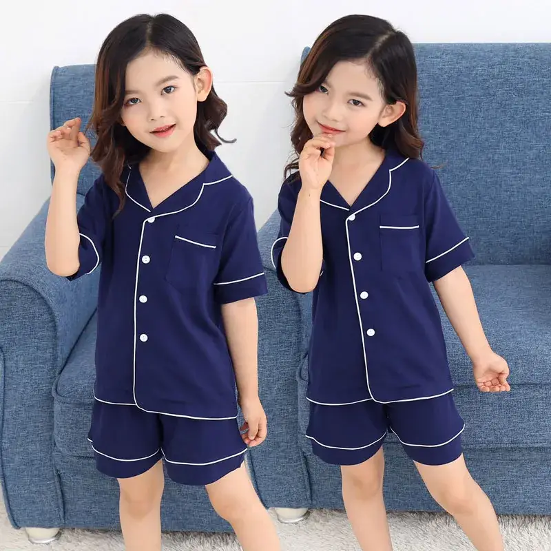 Japanese & Korean Girls Pajamas Navy Blue Summer Set
