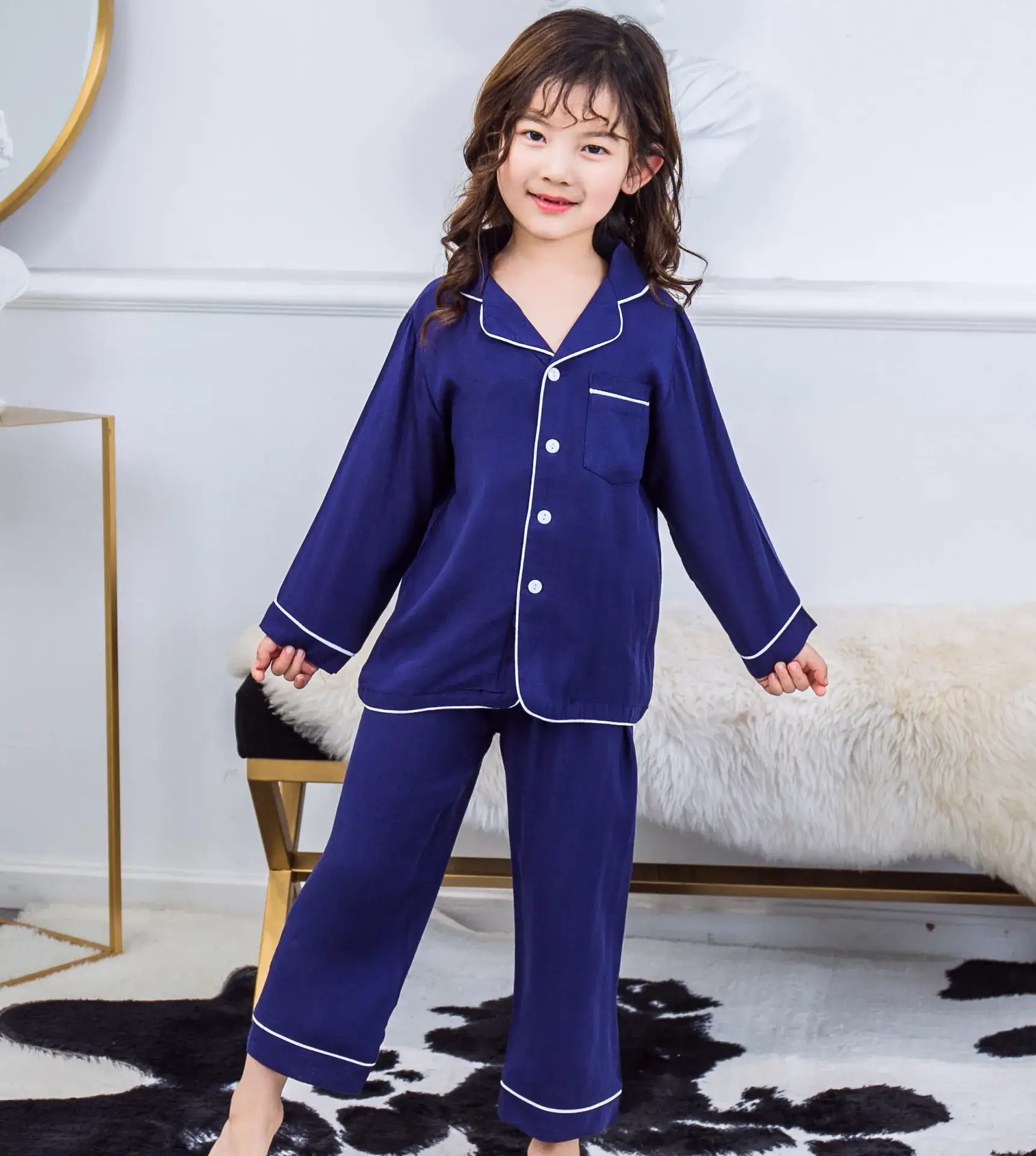 Japanese & Korean Girls Pajamas Navy Blue Summer Set