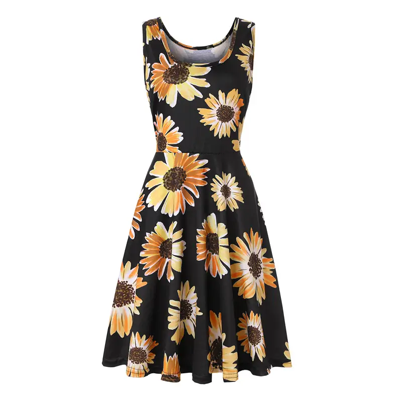 Women Printed Sleeveless Swing Dress Navy Blue Summer