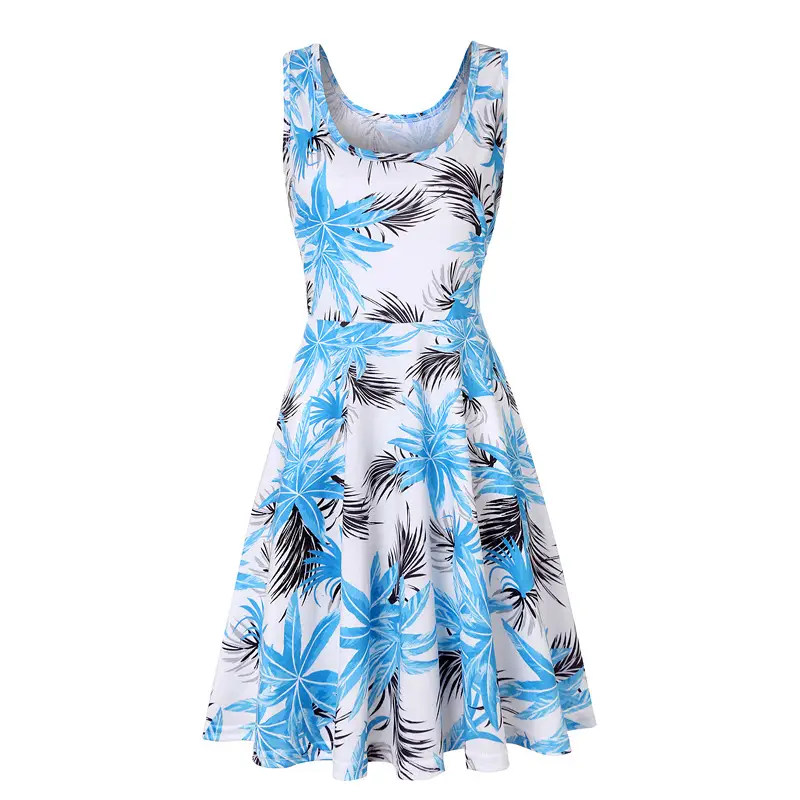 Women Printed Sleeveless Swing Dress Navy Blue Summer