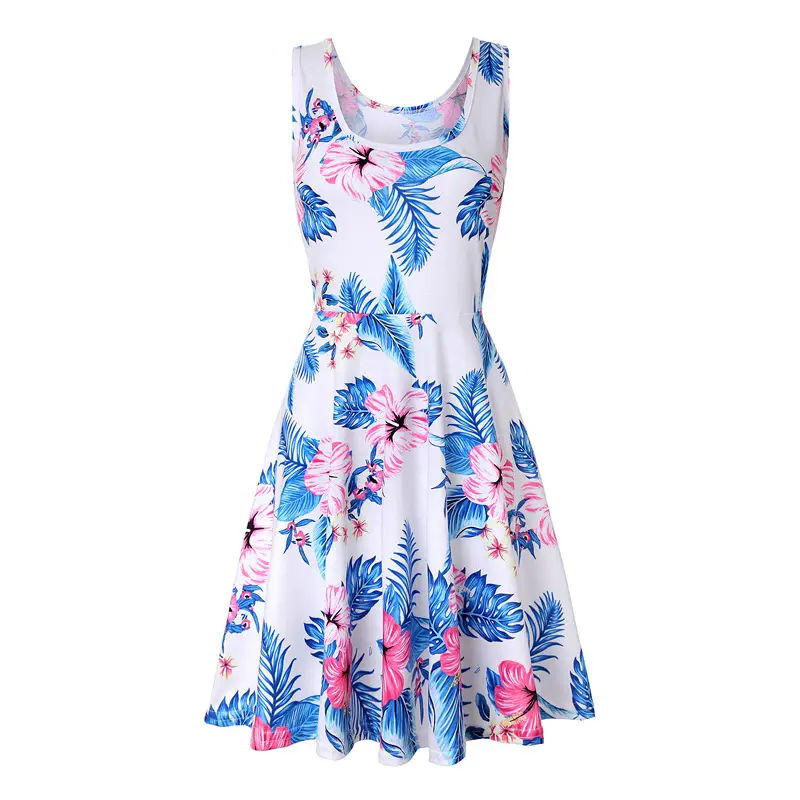 Women Printed Sleeveless Swing Dress Navy Blue Summer