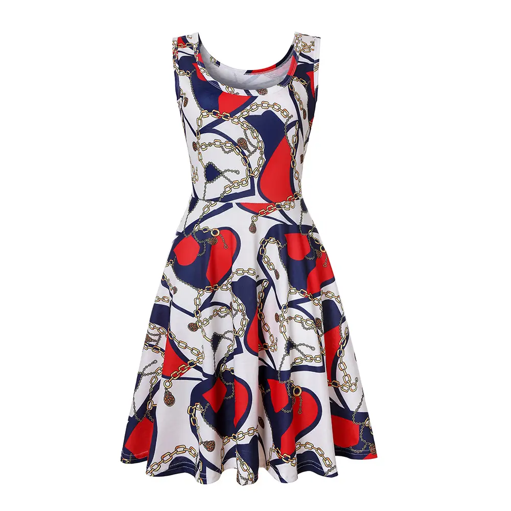 Women Printed Sleeveless Swing Dress Navy Blue Summer