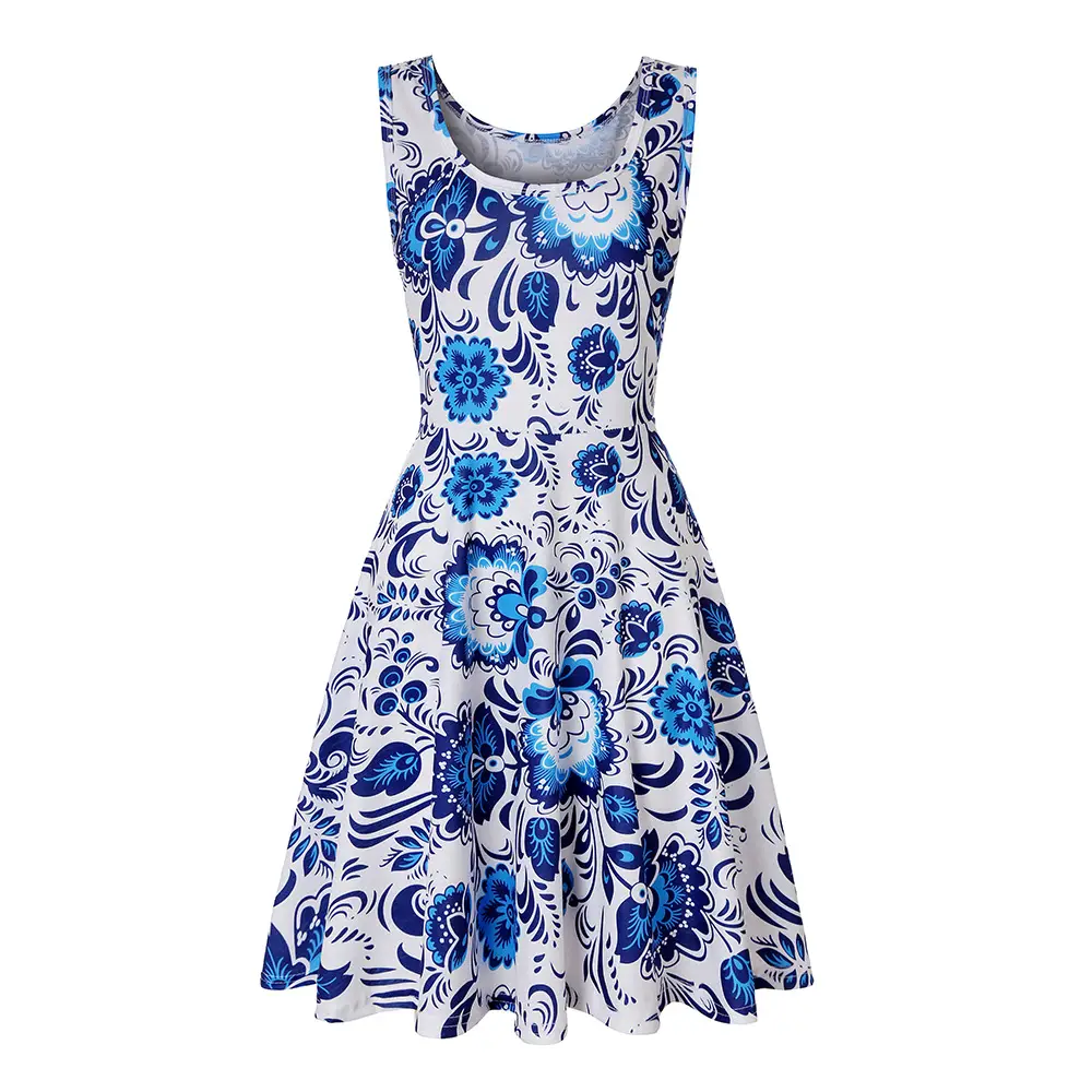 Women Printed Sleeveless Swing Dress Navy Blue Summer
