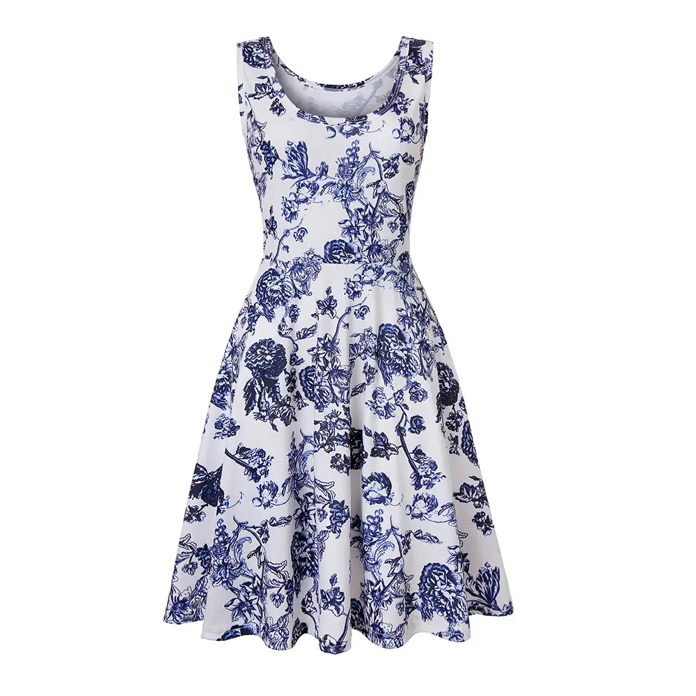 Women Printed Sleeveless Swing Dress Navy Blue Summer