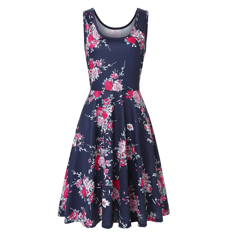 Women Printed Sleeveless Swing Dress Navy Blue Summer
