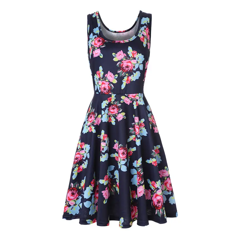 Women Printed Sleeveless Swing Dress Navy Blue Summer