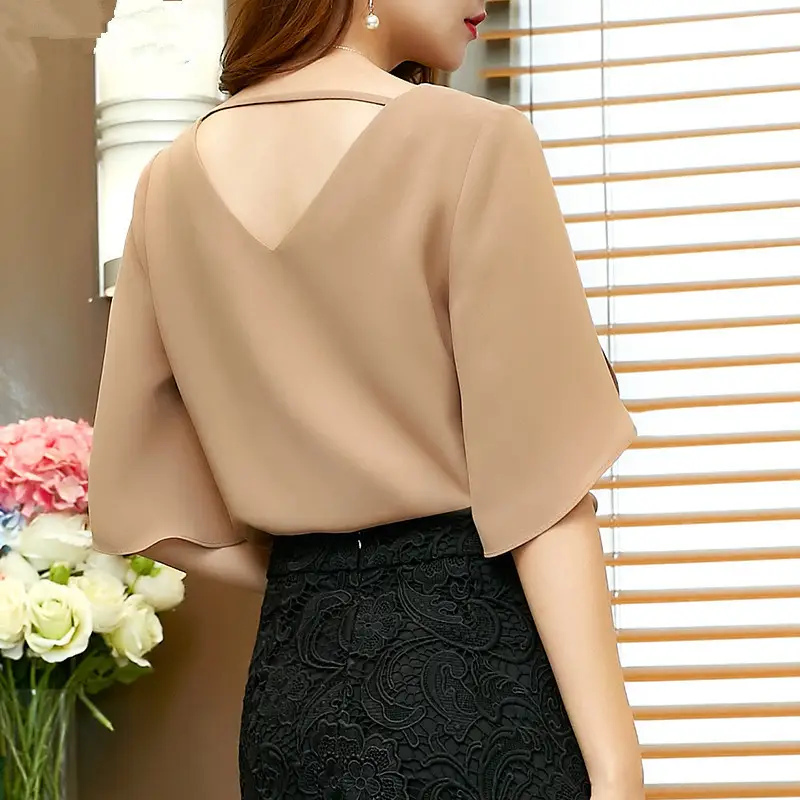 Korean Style V-Neck Chiffon Shirt Beige - Image 4