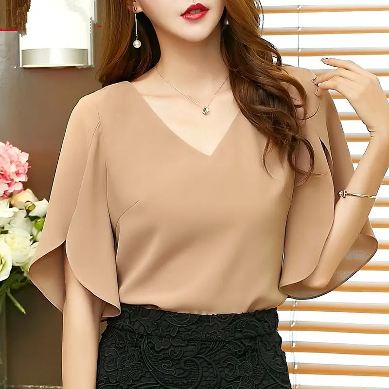 Korean Style V-Neck Chiffon Shirt Beige - Image 6