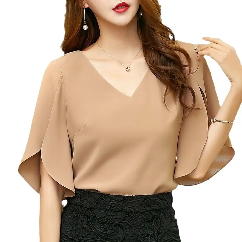 Korean Style V-Neck Chiffon Shirt Beige - Image 7