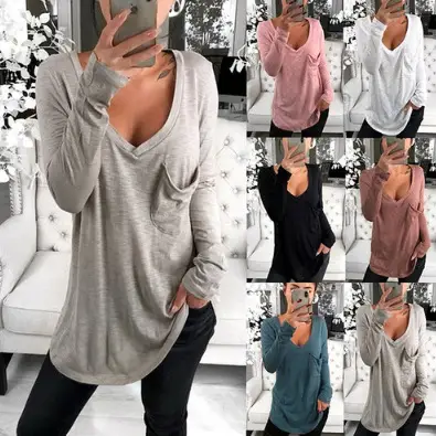 Long Sleeve V-Neck T-Shirt Brown Loose Fit