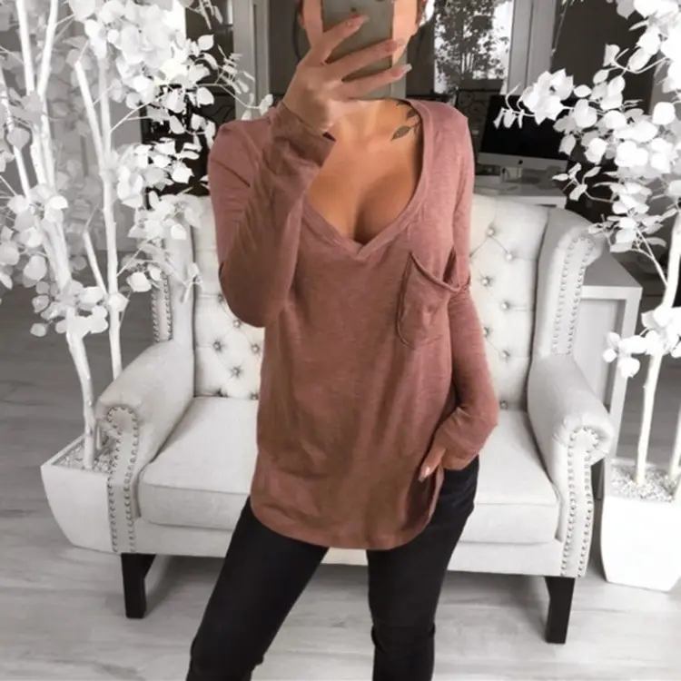 Long Sleeve V-Neck T-Shirt Brown Loose Fit - Image 8