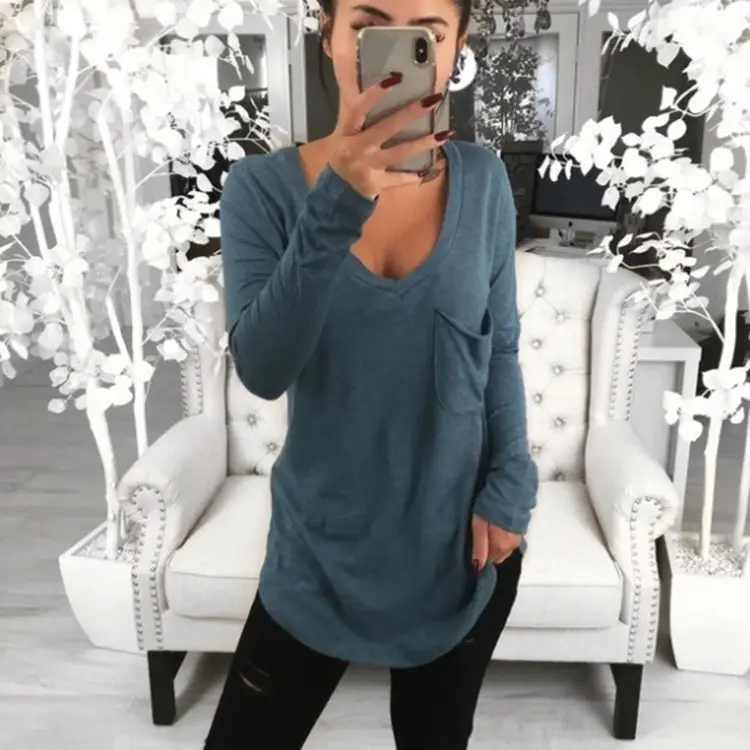 Long Sleeve V-Neck T-Shirt Brown Loose Fit - Image 6
