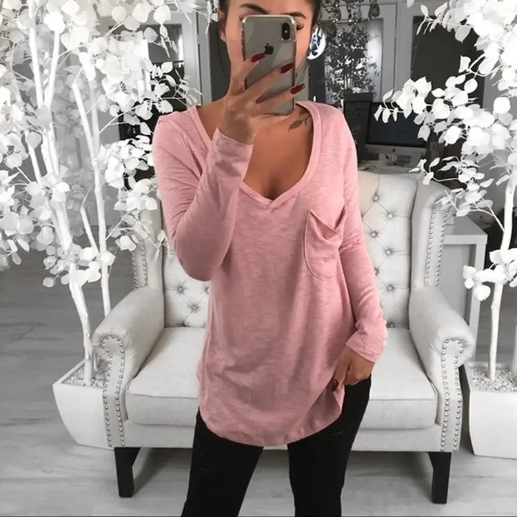 Long Sleeve V-Neck T-Shirt Brown Loose Fit - Image 3