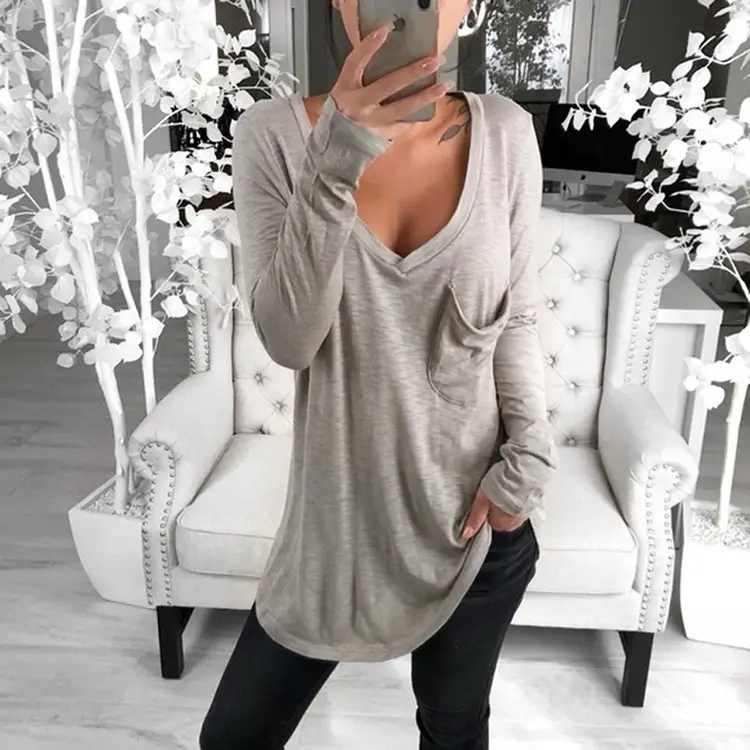 Long Sleeve V-Neck T-Shirt Brown Loose Fit - Image 2