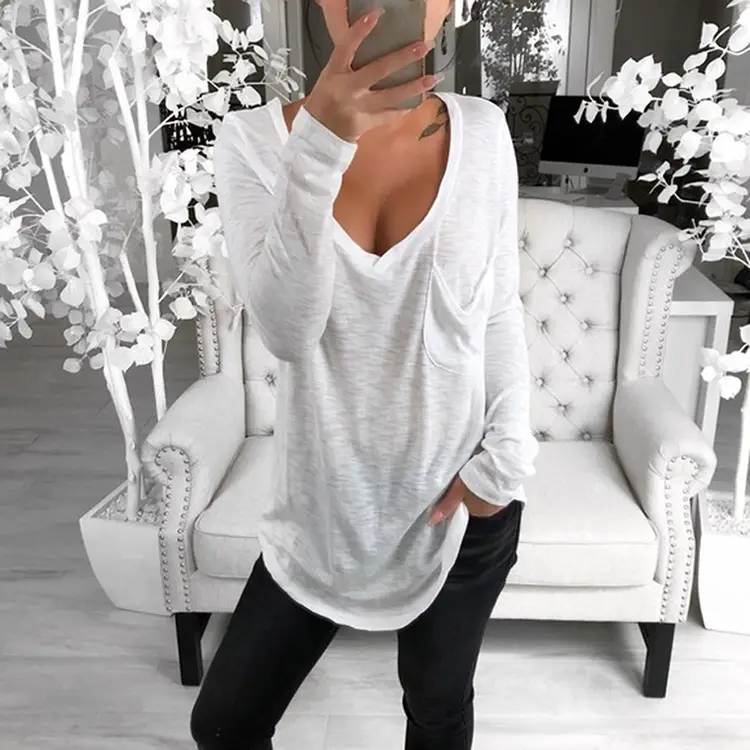 Long Sleeve V-Neck T-Shirt Brown Loose Fit - Image 4