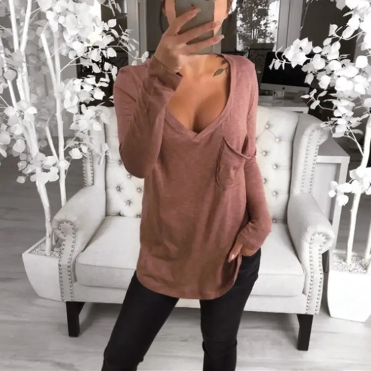 Long Sleeve V-Neck T-Shirt Brown Loose Fit - Image 5