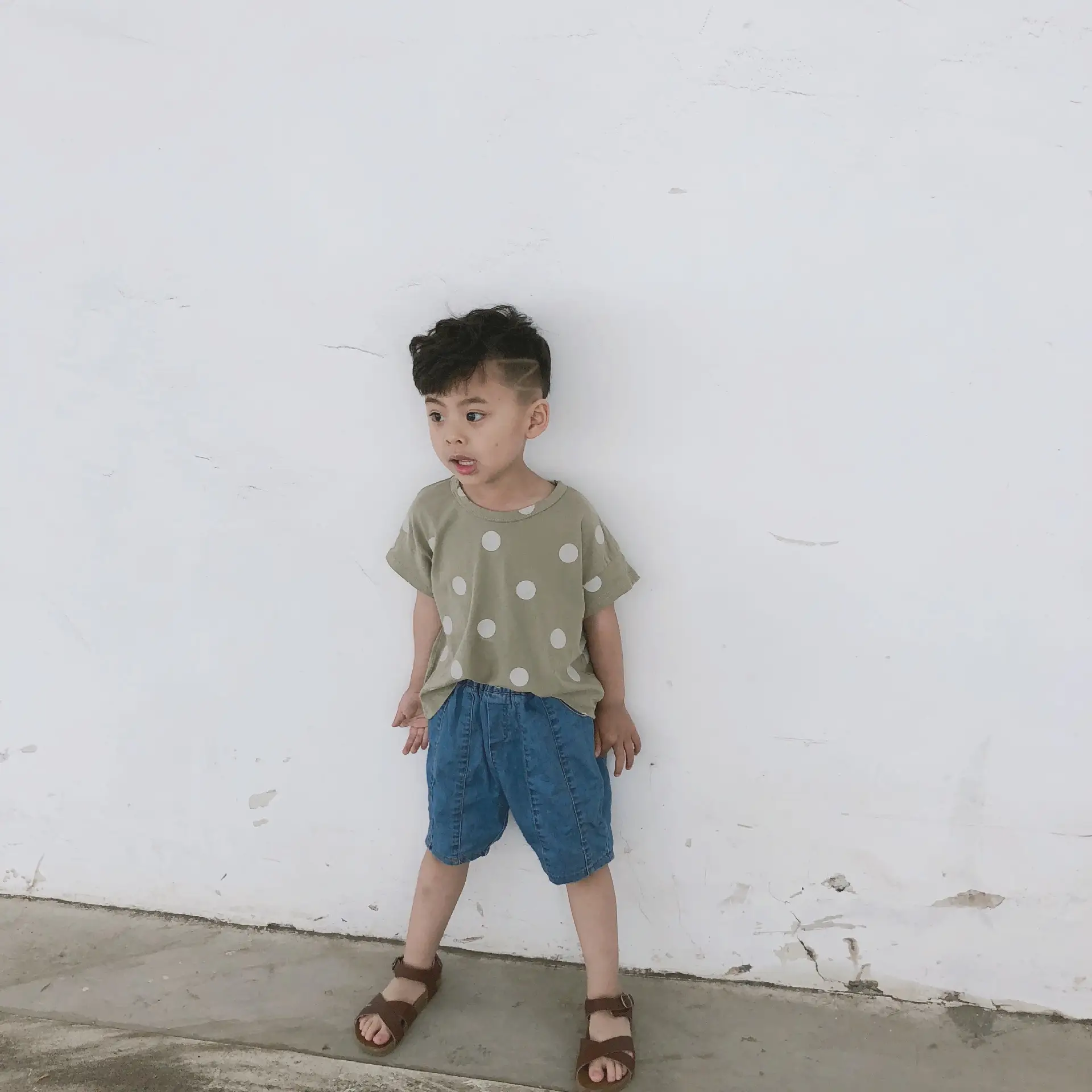 Kids Polka Dot Cotton T-Shirt Green Round Neck — feature 9