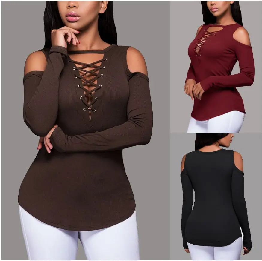 2021 Cross-Body Hot Women's Maroon Long Sleeve T-Shirt - Image 4