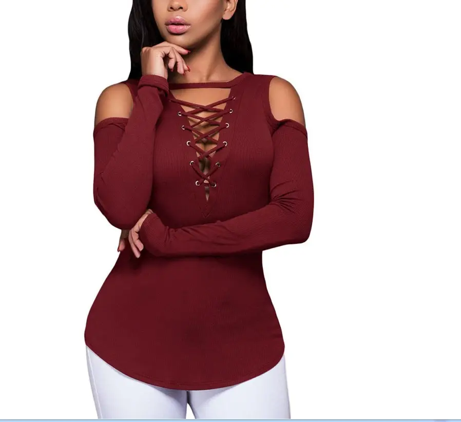 2021 Cross-Body Hot Women's Maroon Long Sleeve T-Shirt - Image 6