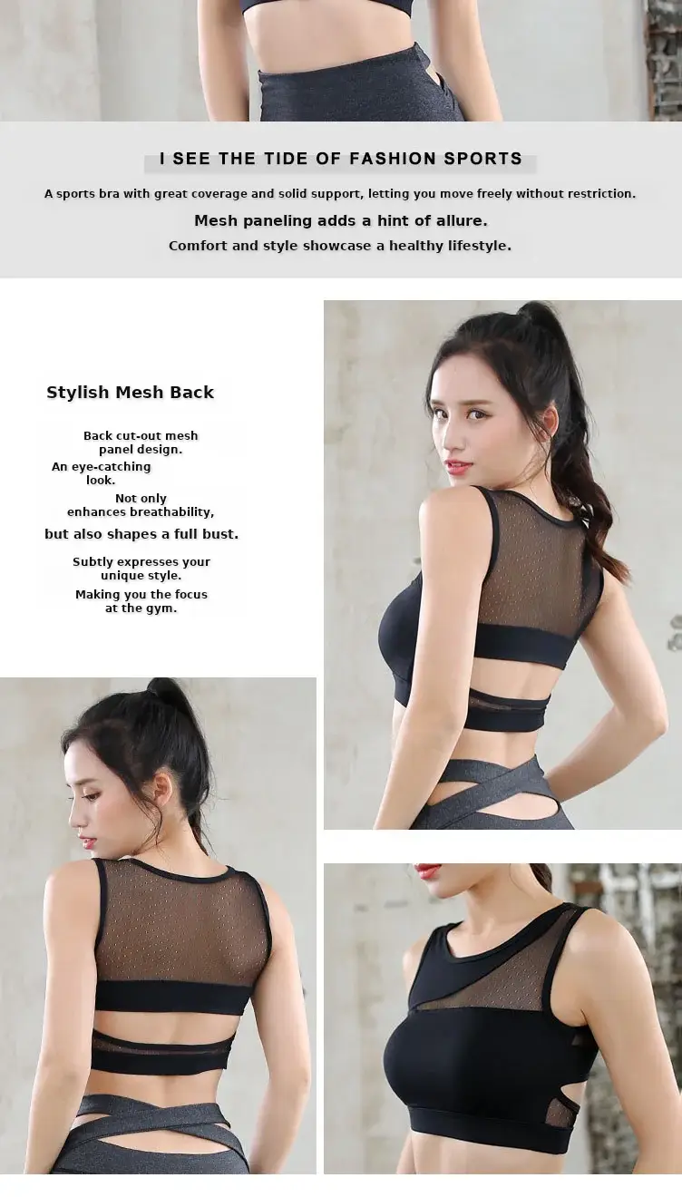 Black Mesh Sports Bra with Side Cutouts for Women — feature 3