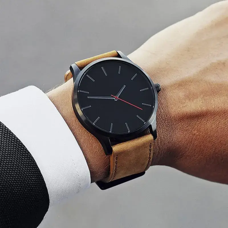 Men's Black Leather Band Quartz Watch with White Dial