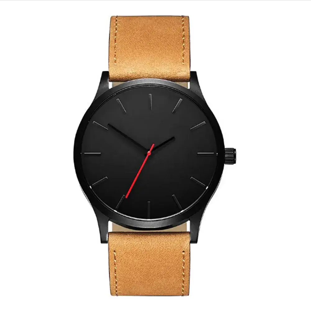 Men's Black Leather Band Quartz Watch with White Dial