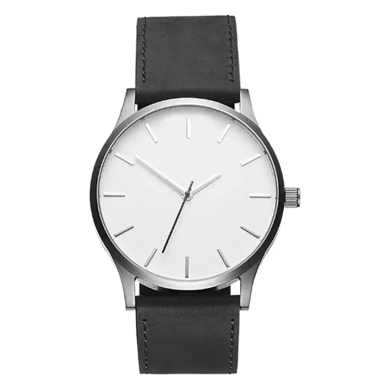 Men's Black Leather Band Quartz Watch with White Dial