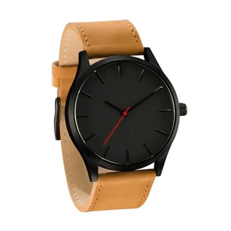 Men's Black Leather Band Quartz Watch with White Dial