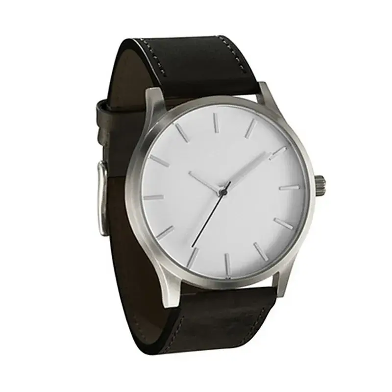 Men's Black Leather Band Quartz Watch with White Dial