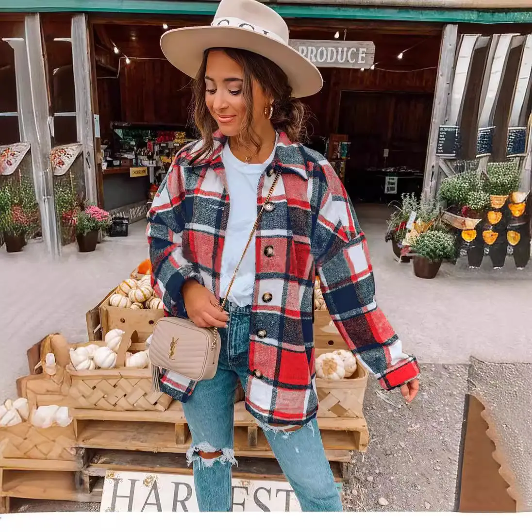 Women Plaid Long Sleeve Jacket Mid Length Loose Cotton