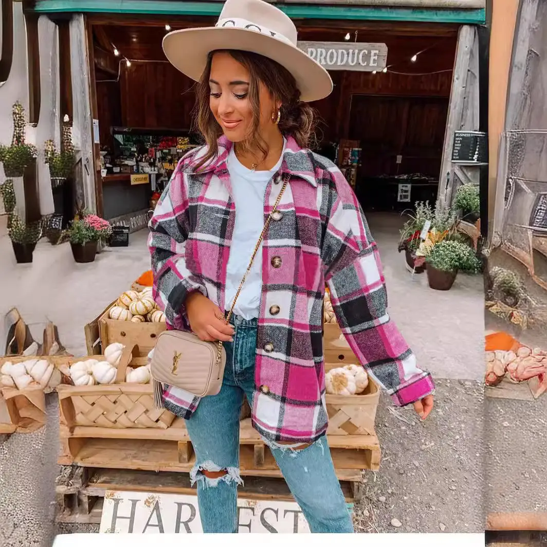 Women Plaid Long Sleeve Jacket Mid Length Loose Cotton
