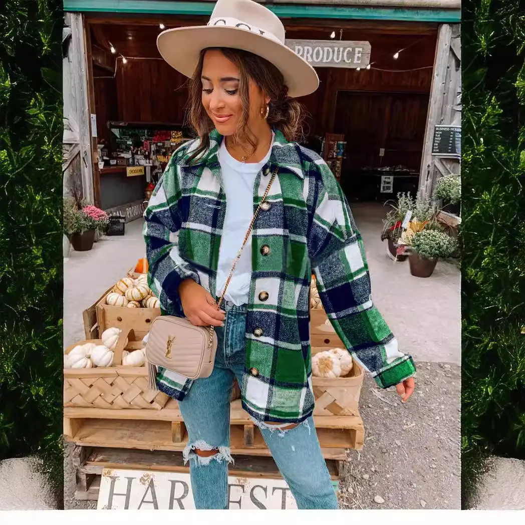 Women Plaid Long Sleeve Jacket Mid Length Loose Cotton