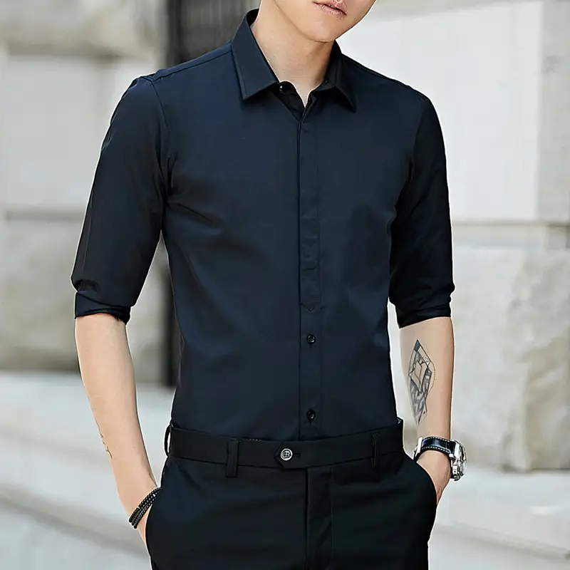 Men Navy 3/4 Sleeve Button Shirt Summer Loose Fit - Image 6