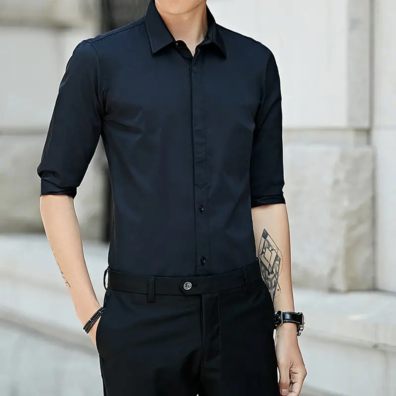 Men Navy 3/4 Sleeve Button Shirt Summer Loose Fit - Image 2