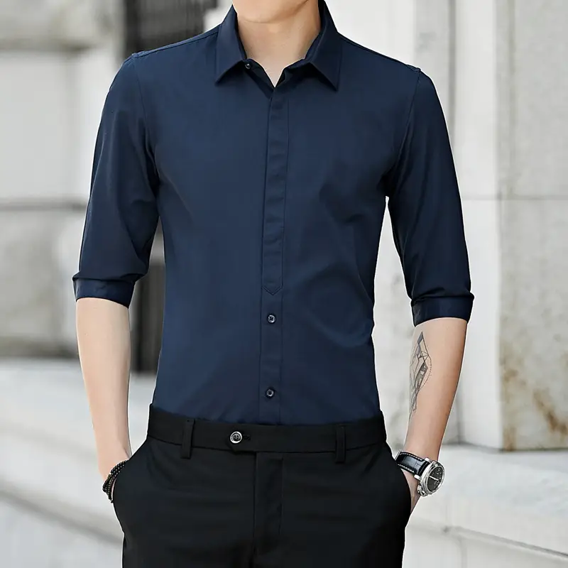 Men Navy 3/4 Sleeve Button Shirt Summer Loose Fit - Image 4