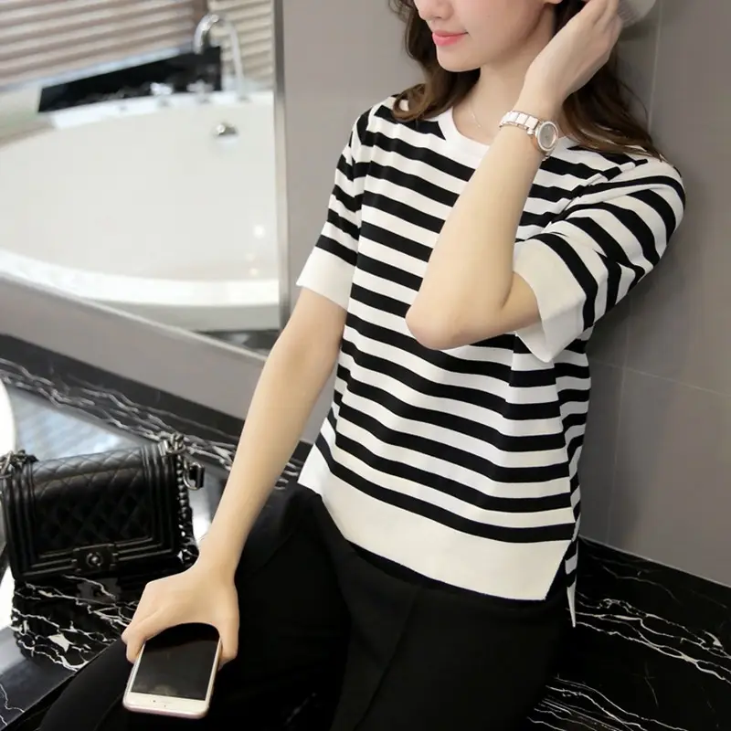 2025 Summer Women Black White Striped Top Plus Size - Image 3
