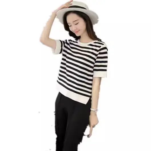 2025 Summer Women Black White Striped Top Plus Size - Image 7