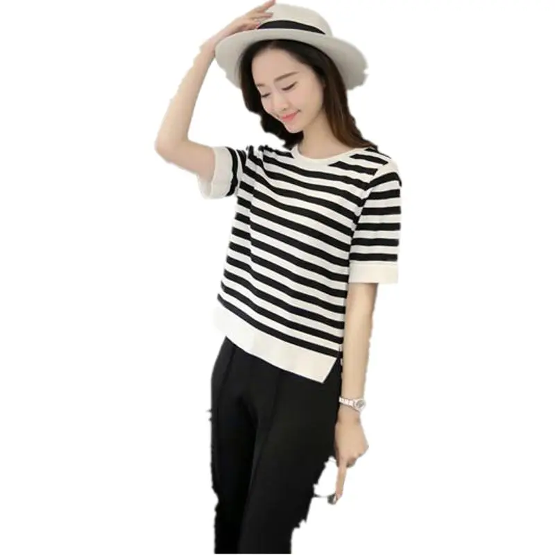 2025 Summer Women Black White Striped Top Plus Size