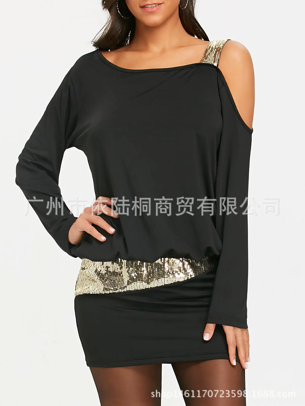 Purple Cold Shoulder Mini Dress with Sequin Belt - Image 3