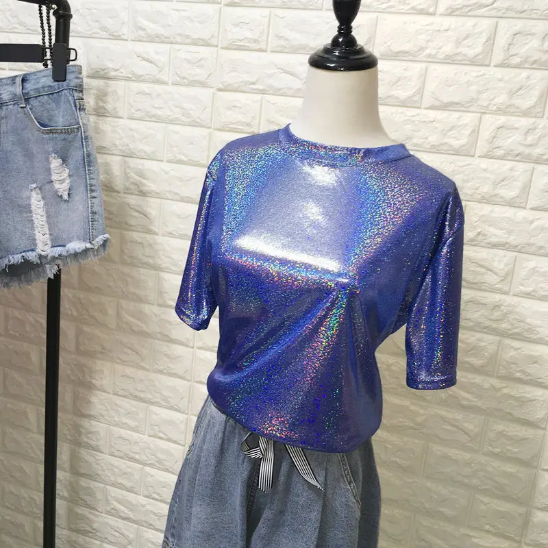 Women Sparkling T-Shirt Purple Pink Reflective Loose Fit
